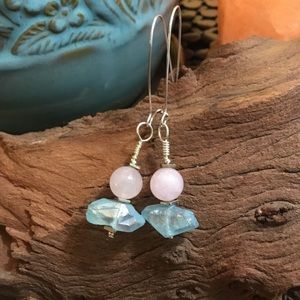 Rose Quartz & Blue Crystal Dangle Earrings